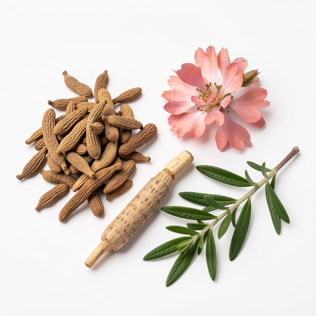 Botaniczne rozłożenie na białym tle: suszone liście ashwagandhy, korzeń żeń-szenia, kwiat rumianku i zielone gałązki – makrofotografia na neutralnym tle, bez tekstu