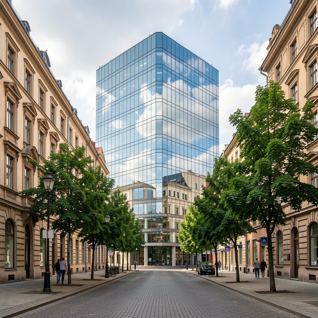 Architektura centrum Warszawy: nowoczesny szklany budynek biurowy z odbiciem nieba, elegancka ulica ze starymi kamienicami i zielenią drzew w letnią pogodę